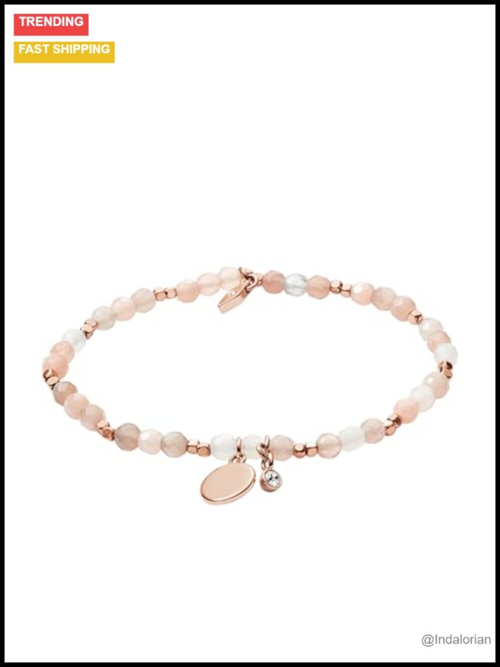 Fossil Motifs Beaded Bracelet Stainless Steel Moonstone Lobster Clasp